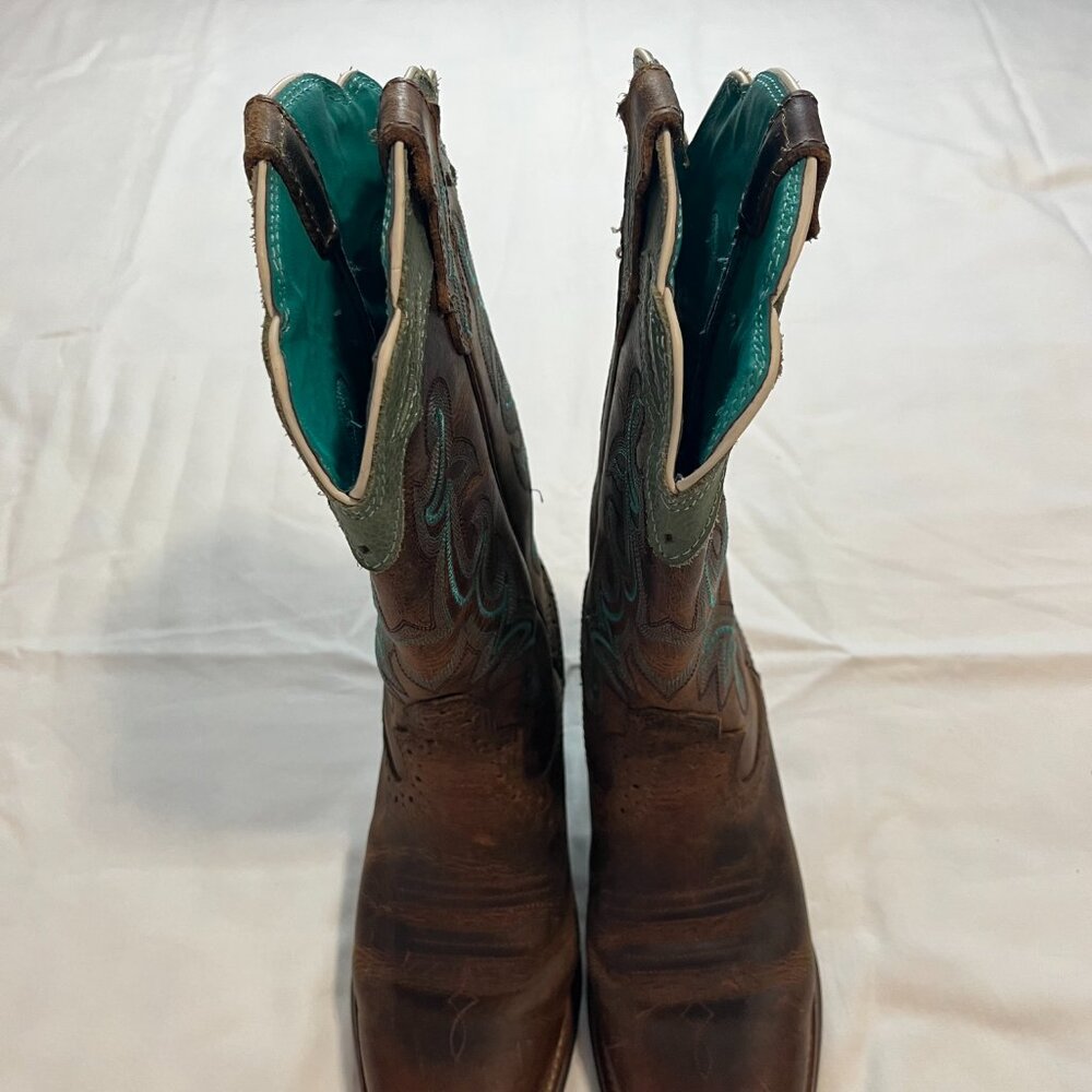 Justin Boots Brown Teal Calve Height Cowboy Boots | Size 6.5 - Picture 7 of 10